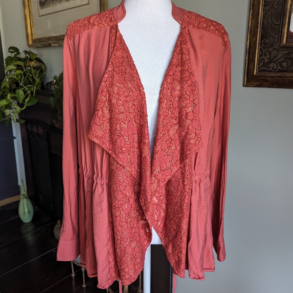 LOGO Lori Goldstein Women's 10 Open Front Jacket Lace Panels Apple Blossom